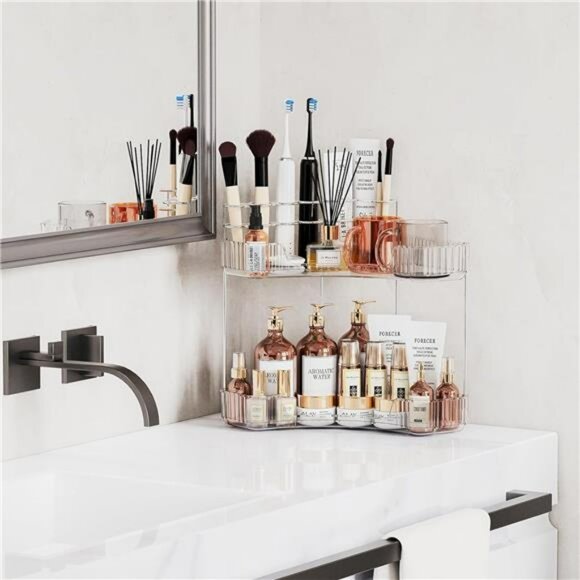 Clear 2 tier corner organizer with brush holder bathroom vanity storage - Picture 3 of 7